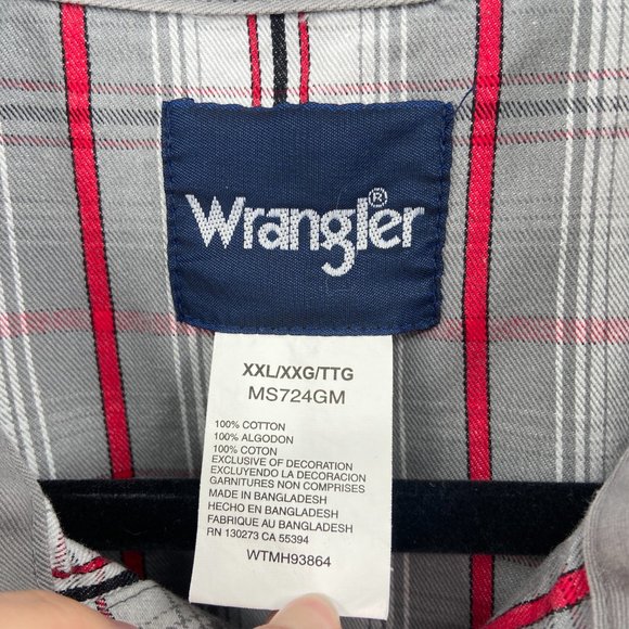 WRANGLER Gray Red Plaid Super Stiff Fabric Work Wear Pearl Snap Shirt Size XXL - Picture 4 of 4